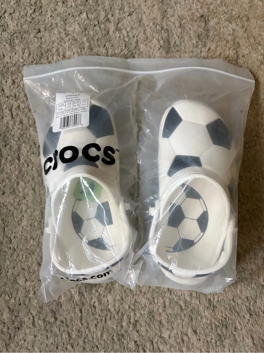 CROCS White Clogs with Black Soccer Print